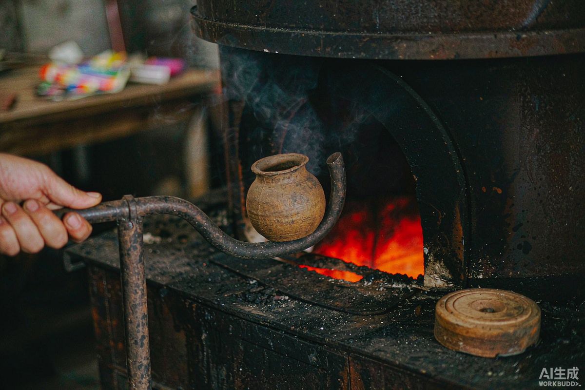 用手持长 kiln 钩从窑里取出刚烧成的陶盆